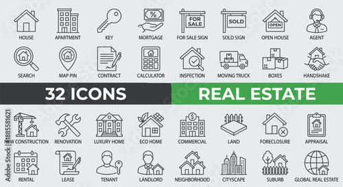 Real estate line icon set with thirty two symbols for property and housing