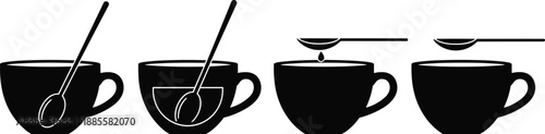 Coffee cup preparation steps silhouette, stirring spoon and pouring process illustration, hot beverage making sequence isolated on white background vector