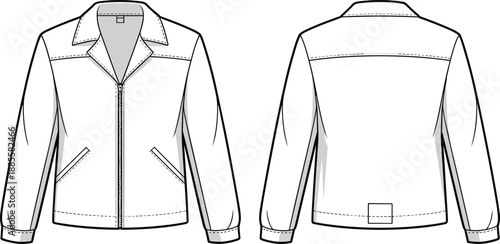 Technical jacket sketch, fashion design template, front and back view, zipper closure, notched collar, apparel vector, garment construction, production ready