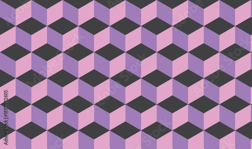 Seamless 3D Isometric Cube Pattern Purple Black Geometric Depth Illusion Pastel Cyber Background Texture