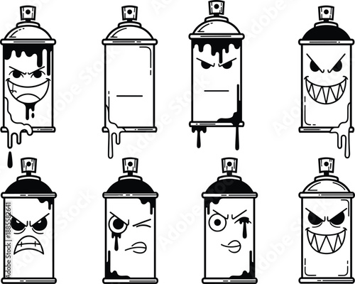 Graffiti spray can characters set, angry cartoon faces, street art illustration, urban vandal style, black and white vector design