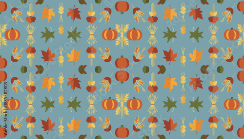 Flat autumn harvest seamless pattern with pumpkins leaves and wheat on a blueteal background