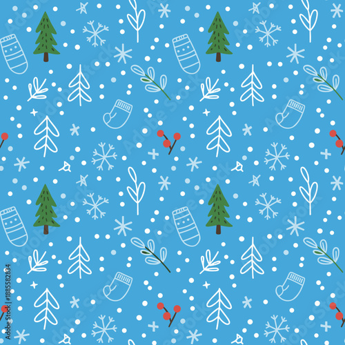 Seamless Christmas pattern with trees snowflakes mittens and berries