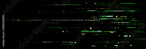 Digital glitch texture with pixelated noise effect. Vector realistic illustration of abstract video rewind pattern on black screen background, static noise overlay, retro tv display, signal distortion