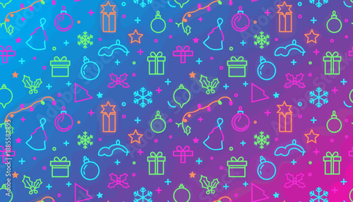 Vibrant seamless pattern of neon Christmas icons gifts ornaments snowflakes on a gradient background