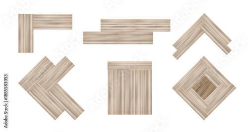 Parquet flooring planks set isolated on white background. Vector realistic illustration of wooden or veneer material for vintage floor design, natural light brown laminate for interior decoration