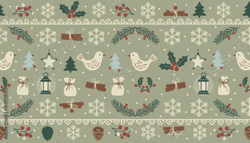 Cozy Christmas folk pattern Seamless repeat with snowflakes holly winter birds and cinnamon sticks