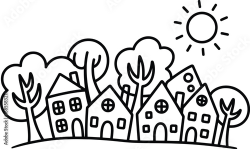 A delightful village scene with simple houses, friendly trees, and a cheerful sun shining brightly above