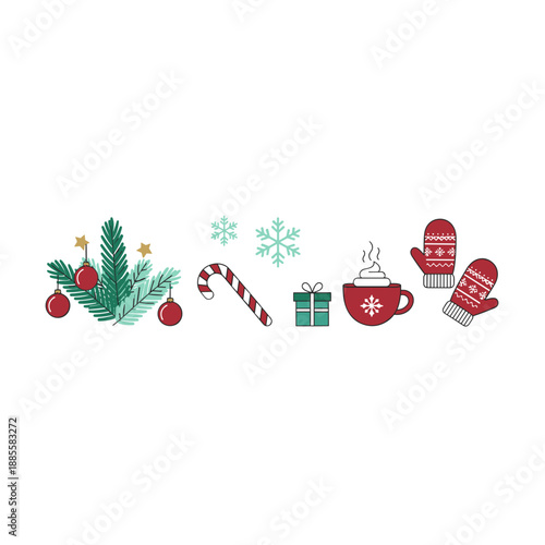 Cozy Christmas and Winter icons vector set fir branches hot cocoa candy cane mittens and gifts