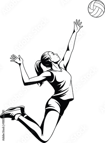 Volleyball player silhouette, jump serve action, athletic motion, sports vector, black design, competitive game, dynamic pose, fitness icon, spike moment