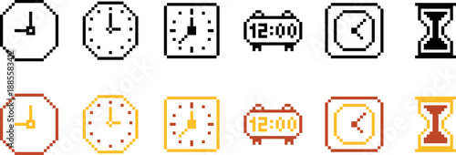Collection of various pixelated clock and watch icons in different styles and colors