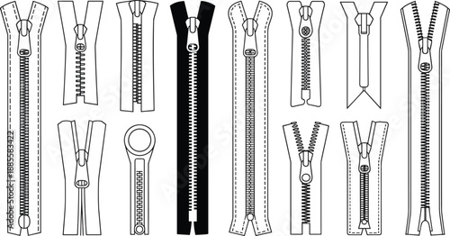 Zipper illustration set, fashion hardware, garment fastener, sewing element, technical sketch, apparel detail, clothing accessory, vector art, tailoring guide, manufacturing reference