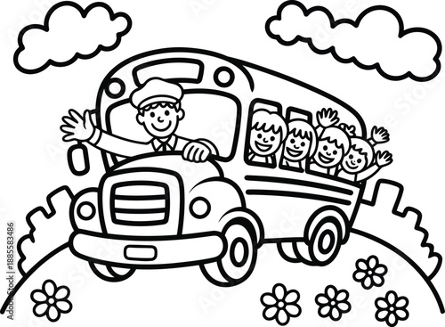 A friendly school bus driver waves while happy children enjoy a ride through flowery hills