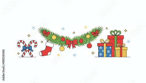 Christmas greeting banner with festive garland candy canes gifts and stocking