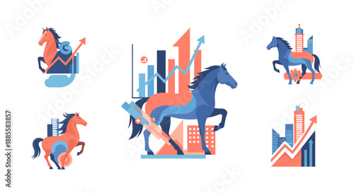 A vibrant illustration combining the power of a horse with a modern cityscape. Ideal for branding, logos, or representing strength and progress.