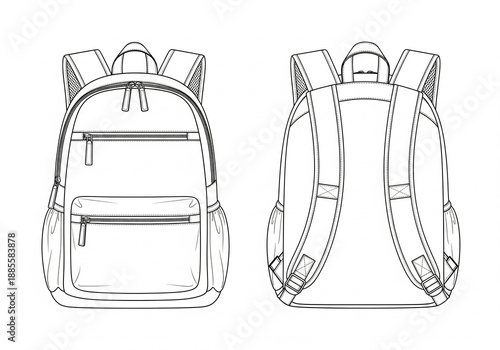 Minimal backpack technical flat illustration with clean silhouette and compact storage