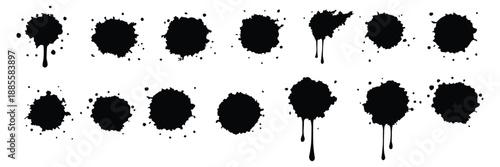 Grunge ink splatter. Splash of paints, spray drops staining and frame with wet paint drop traces vector set. Illustration splash and drip design, silhouette blob spray collection. ink splatter set. 
