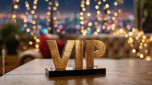 golden vip sign on a table in a bar decorated with lights