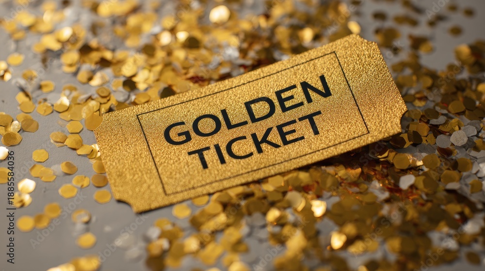 Naklejka premium golden ticket on confetti background