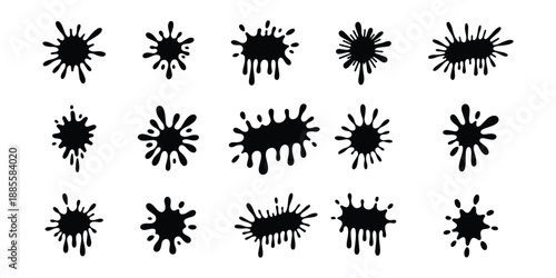 Collection of colorful paint splashes falling on white background. Vector illustration. Dynamic black ink splash and splatter abstract art. Vector paint splash.  Abstract grunge blot and stain shapes.