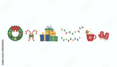 A festive collection of Christmas icons wreath gifts lights hot cocoa candy canes and mittens