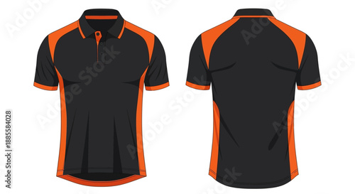Men's Sport Polo Shirt Technical Flat Sketch Vector Template with Raglan Sleeves and Contrast Color Panels