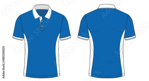 Blue and White Performance Polo Shirt Technical Flat Sketch Vector Template with Side Panel Color Blocking