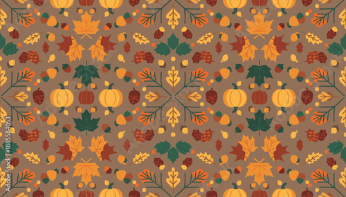 Seamless vector Autumn pattern with pumpkins maple leaves and acorns great for Thanksgiving backgrounds