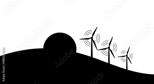 Sustainable Energy Concept Silhouette with Wind Turbines on Hill at Sunset