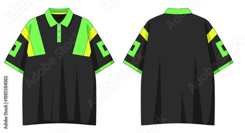 Cyberpunk Style Neon Green and Black Color-Blocked Polo Shirt Technical Flat Sketch Vector Template