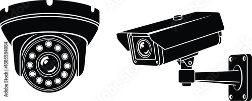 Black and white CCTV security camera illustration set isolated on white background, dome and bullet surveillance cameras for safety monitoring systems