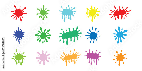 Collection of colorful paint splashes falling on white background. Vector illustration. Dynamic black ink splash and splatter abstract art. Vector paint splash.  Abstract grunge blot and stain shapes.