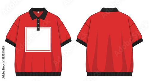 Oversized Red Polo Shirt Technical Flat Sketch Vector Template with Front Graphic Box and Black Trim