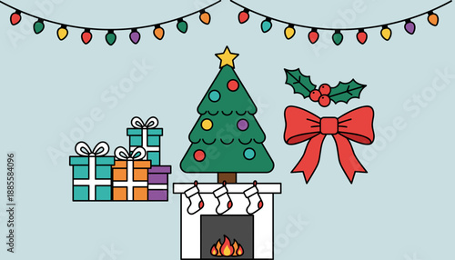 Cute holiday illustration featuring Christmas tree presents fireplace and lights
