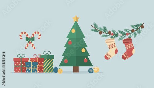 Festive flat vector illustration of Christmas tree wrapped gifts hanging stockings and candy canes on light background