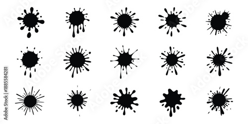minimal Ink drops and splashes. Blotter spots, liquid paint drip drop splash and ink splatter. Artistic dirty grunge abstract spot vector set. monochrome drip splash, splat messy inkblot.