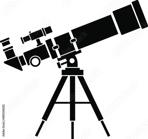 Black and white telescope silhouette illustration isolated on white background, professional astronomical observation instrument on tripod for astronomy research