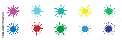 Color paint splatter. Spray paint blot element. Colorful ink stains mess. Watercolor spots in raw, splashes. Grunge splatters. Color ink blots. Colorful paint splatters and drips in organic splashes. 