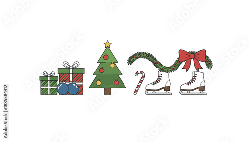 Festive holiday icons Christmas tree gifts candy cane and ice skates illustration on white