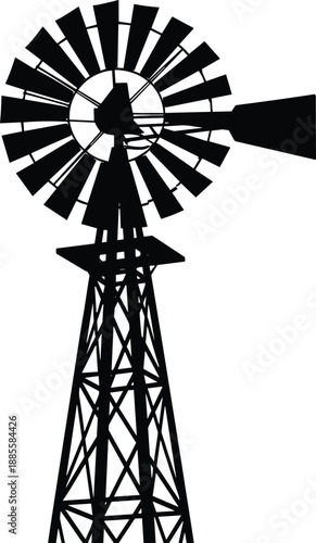 Black and white windmill silhouette illustration isolated on white background, traditional rural farm wind energy tower with rotating blades