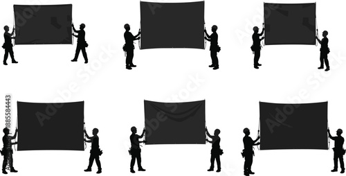 Silhouettes of people holding banners, teamwork concept, protest demonstration, unity symbol, group presentation, occupational silhouettes, vector illustration