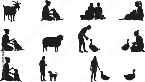 Silhouettes of people interacting with farm animals, pets, ducks, dogs, goats, sheep, outdoor care, love, nature, rural life