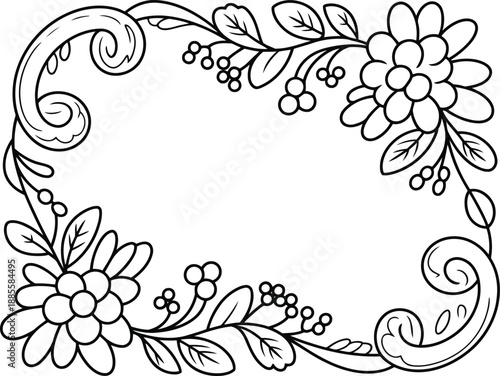 A lovely outlined floral frame featuring swirling vines, delicate leaves, and charming berries surrounding a central open space