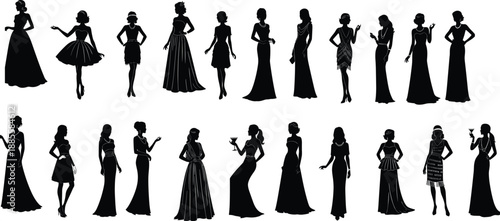 Collection of elegant women silhouettes illustration isolated on white background showcasing fashion dresses gowns and stylish female poses design concept