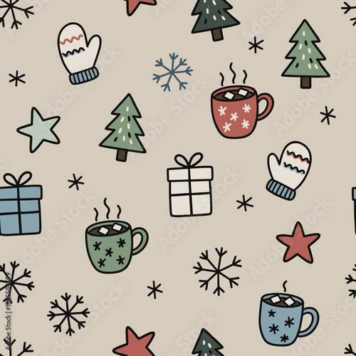 Cute seamless Christmas pattern featuring handdrawn trees mugs mittens and snowflakes Festive winter background