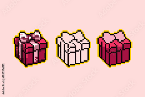 A professional pixel art collection of a pink gift box wrapped with a soft pink ribbon