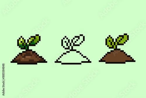 A professional pixel art collection of a young green plant sprout growing from a mound of fertile soil.