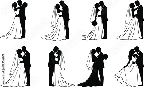Collection of romantic wedding couple silhouettes illustration isolated on white background showing bride and groom embracing kissing in elegant ceremony poses
