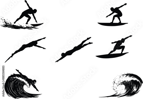 Silhouettes of surfers riding waves and people diving into water, vector extreme water sport illustration