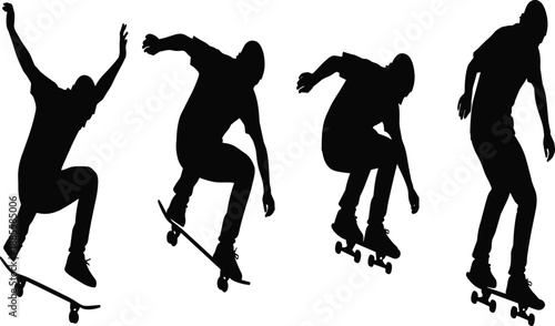 Skateboard trick silhouette, ollie motion sequence, black figure jump, urban sport, skateboarding pose, action movement, youth culture, vector design